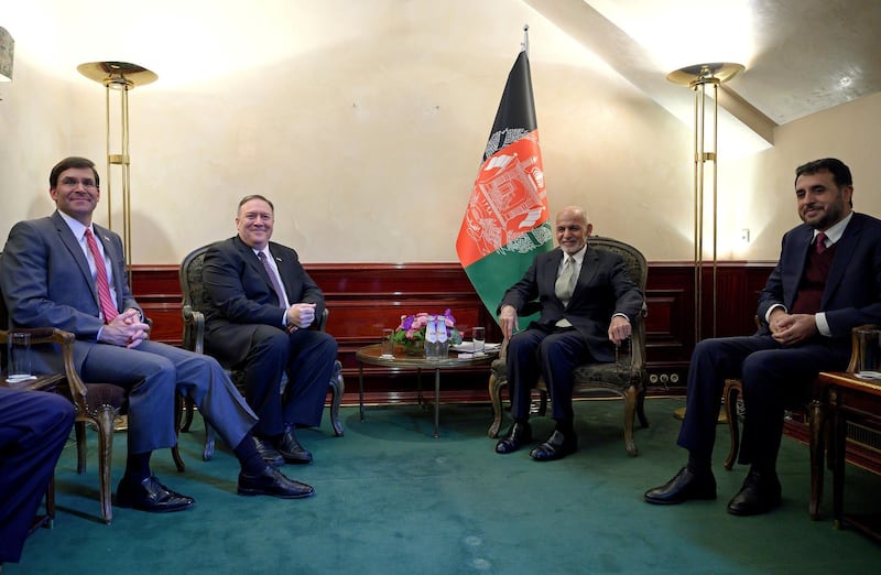 US Secretary of State Mike Pompeo (second left) meets with Afghan President Ashraf Ghani, together with US Secretary of Defence Mark Esper (left) and Acting Minister of Defense of Afghanistan Asadullah Khalid (right), during the Munich Security conference in Munich, southern Germany.  Reuters