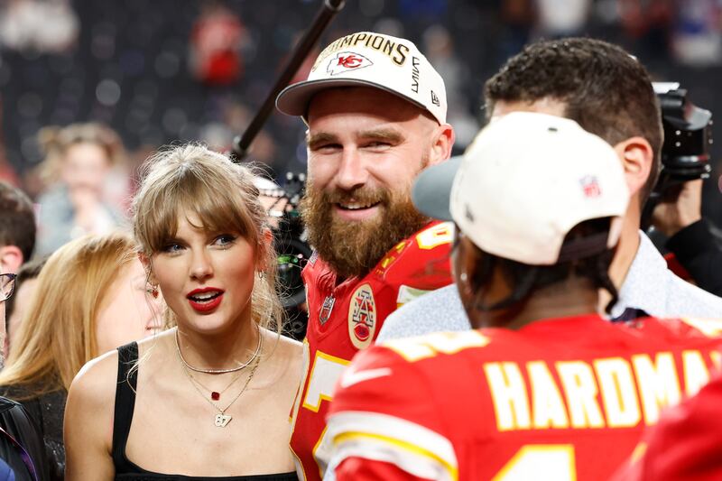 Taylor Swift and Kansas City Chiefs tight end Travis Kelce celebrate the Chiefs victory over the 49ers on Sunday. EPA