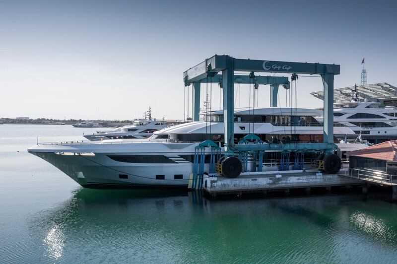 'Majesty 175' is lowered into the water for its 'splashing ceremony'. Courtesy Gulf Craft
