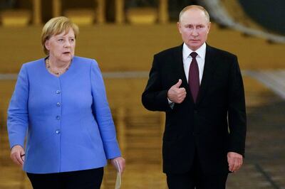 German Chancellor Angela Merkel, who is not running for another term, with Russian President Vladimir Putin in Moscow last month. Reuters