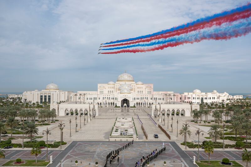 The Al Forsan aerobatic team perform a fly-by for the arrival of Mr Yoon 