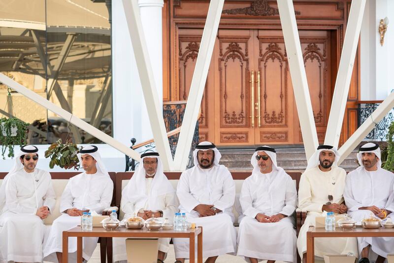 ABU DHABI, UNITED ARAB EMIRATES - February 24, 2020: (L-R) HH Sheikh Hazza bin Tahnoon Al Nahyan, Undersecretary to the Ruler's Representative of the Eastern Region of Abu Dhabi, HH Sheikh Khaled bin Zayed Al Nahyan, Chairman of the Board of Zayed Higher Organization for Humanitarian Care and Special Needs (ZHO), HE Lt General Hamad Thani Al Romaithi, Chief of Staff UAE Armed Forces, HH Sheikh Saeed bin Mohamed Al Nahyan, HH Lt General Sheikh Saif bin Zayed Al Nahyan, UAE Deputy Prime Minister and Minister of Interior, HH Sheikh Nahyan Bin Zayed Al Nahyan, Chairman of the Board of Trustees of Zayed bin Sultan Al Nahyan Charitable and Humanitarian Foundation and HH Sheikh Saeed bin Zayed Al Nahyan, Abu Dhabi Ruler's Representative, attend a Sea Palace barza.

( Mohamed Al Hammadi / Ministry of Presidential Affairs )
---