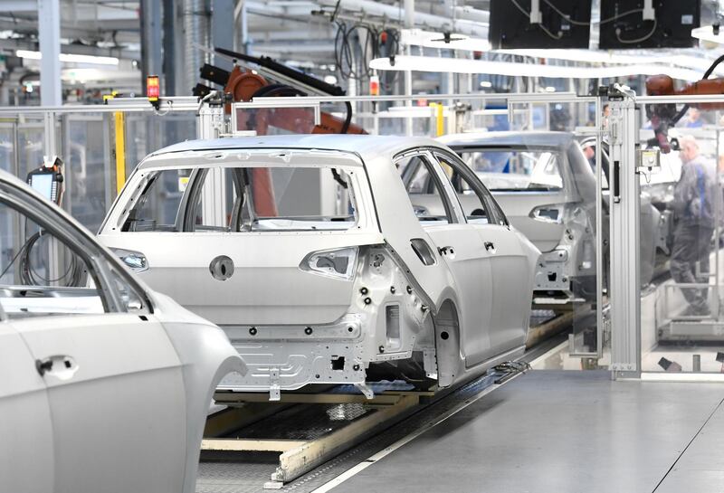 FILE PHOTO: VW Golf cars are pictured in a production line at the plant of German carmaker Volkswagen in Wolfsburg, March 9, 2017. REUTERS/Fabian Bimmer/File Photo