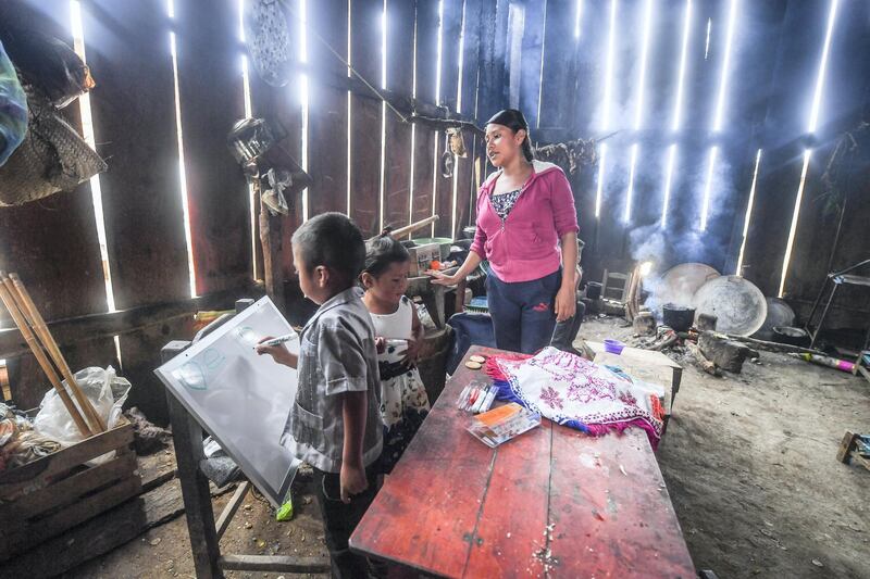 Children members of the Santiago family, are homeschooled in San Miguel Amoltepec Viejo, Guerrero state, Mexico, on September 8, 2020, amid the COVID-19 coronavirus pandemic. - Teachers resist abandoning their students in this impoverished indigenous region of Mexico despite the pandemic. (Photo by PEDRO PARDO / AFP)