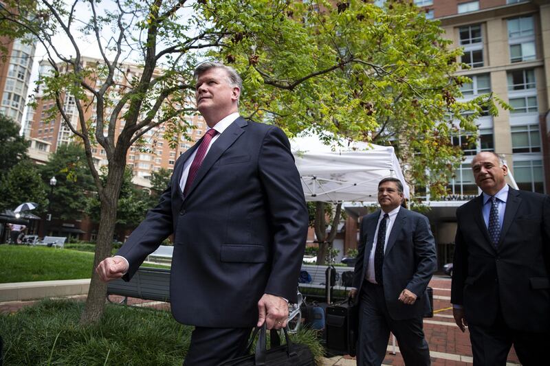 Kevin Downing, lead lawyer for former Trump Campaign Manager Paul Manafort, from left, Richard Westling, co-counsel for former Trump Campaign Manager Paul Manafort, and Thomas Zehnle, co-counsel for former Trump Campaign Manager Paul Manafort, arrive at District Court in Alexandria, Virginia, U.S., on Monday, Aug. 13, 2018. Prosecutors for Special Counsel Robert Mueller are expected to conclude their case Monday as the bank- and tax-fraud trial of Manafort enters its third week. Photographer: Al Drago/Bloomberg