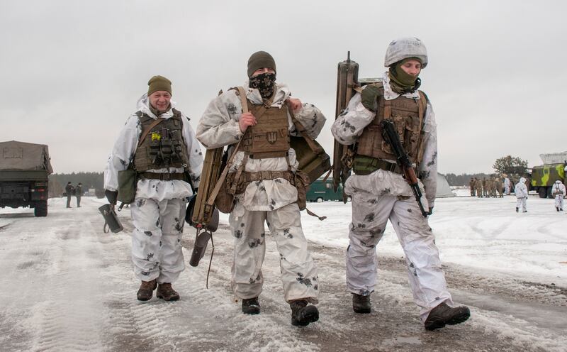 Ukrainian soldiers near Kharkiv, north-east Ukraine. British troops who have been training Ukrainians will leave this weekend. AP Photo