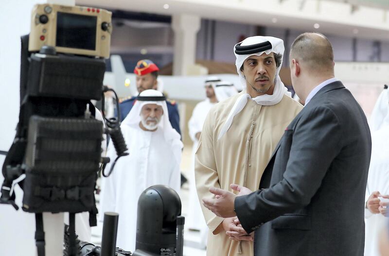 ABU DHABI , UNITED ARAB EMIRATES , FEB 26  – 2018 :- Sheikh Mansour Bin Zayed Al Nahyan , deputy prime minister of the United Arab Emirates, minister of presidential affairs during his visit on the second day of UMEX held at ADNEC in Abu Dhabi. ( Pawan Singh / The National ) For News