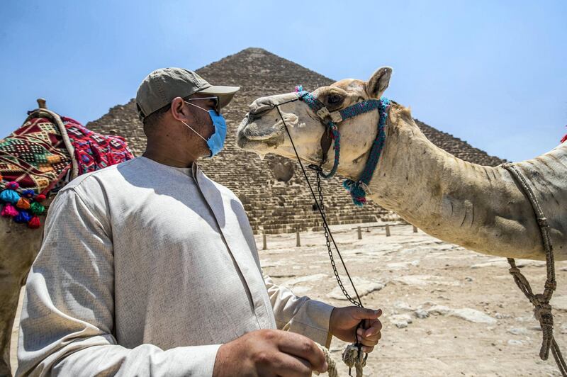 A mask-clad camel guide stands before a camel near the Great Pyramid of Khufu (Cheops) at the Giza Pyramids necropolis on the southwestern outskirts of the Egyptian capital Cairo on July 1, 2020 as the archaeological site reopens while the country eases restrictions put in place due to the COVID-19 coronavirus pandemic. - A spree of openings in Egypt comes after the country officially ended a three-month nighttime curfew a few days earlier. Cafes and shops have re-opened but public beaches and parks remain closed as part of measures to curb the spread of the novel coronavirus. Egypt has recorded more than 65,000 COVID-19 cases including over 2,700 deaths. (Photo by Khaled DESOUKI / AFP)