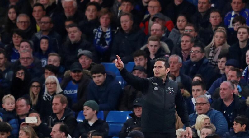 Frank Lampard delivers instructions from the touchline during the League Cup tie between Derby County and Chelsea. Reuters
