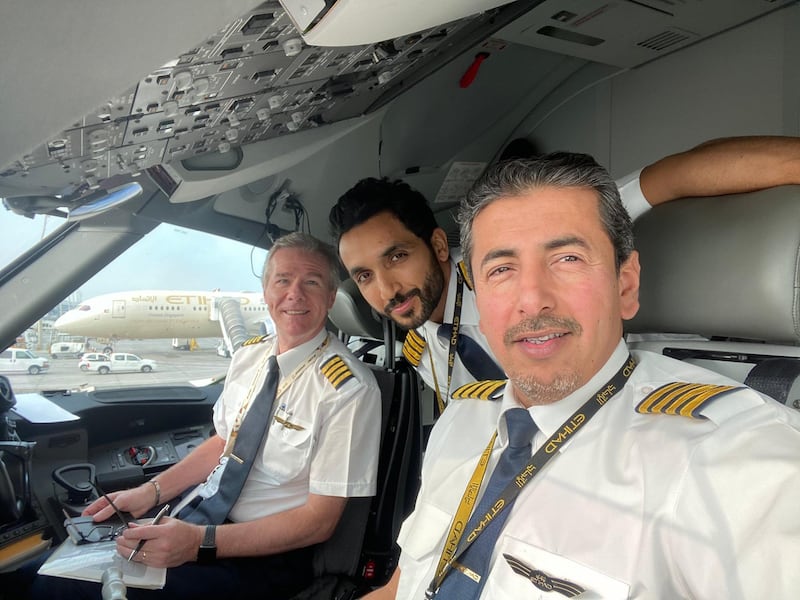 Capt Abdulla Obaid led the flypast over Yas Marina Circuit on Sunday. Pictured with Capt Mohammed Tamimi and Capt Henry before takeoff. Courtesy Capt Abdulla Obaid
