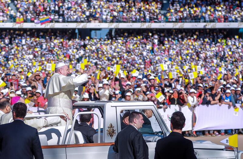 Abu Dhabi, U.A.E., February 5, 2019.   His Holiness Pope Francis, Head of the Catholic Church arrives at the Zayed Sports City.
Victor Besa/The National
Section:  NA