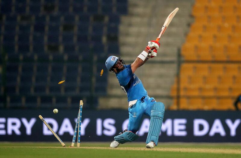ABU DHABI , UNITED ARAB EMIRATES, October 06 , 2018 :- Heino Kuhn of Multiply Titans bowled out by Shaheen Afridi during the Final of Abu Dhabi T20 cricket match between Lahore Qalanders vs Multiply Titans held at Zayed Cricket Stadium in Abu Dhabi. ( Pawan Singh / The National )  For Sports/News/Instagram/Online. Story by Amith