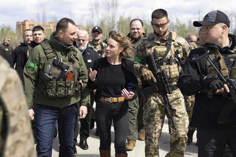 President of the Swiss National Assembly Irene Kaelin, surrounded by members of the Ukrainian military during her visit on April 27. EPA