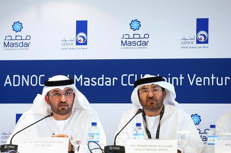 Dr Sultan Al Jaber, left, the chief executive of Masdar, and Abdulla Nasser Al Suwaidi, the director general of Adnoc, yesterday announced plans to break ground on the region’s first commercial carbon burial project next year. Delores Johnson / The National