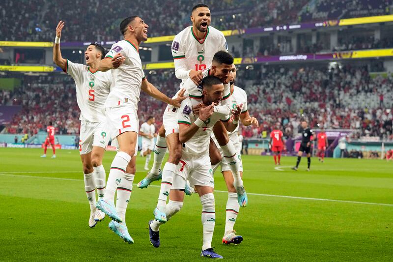 Morocco's Hakim Ziyech celebrates after scoring his side's opening goal. AP Photo