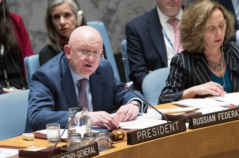 Russian Ambassador to the United Nations Vassily Nebenzia speaks during a Security Council meeting on the situation between the Israelis and the Palestinians, Friday, June 1, 2018 at United Nations headquarters. (AP Photo/Mary Altaffer)