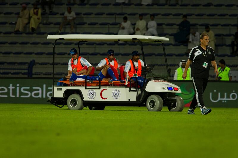 Dubai, United Arab Emirates - November 18 2012 -  Habib Al Fardan of Al Nasr is injured during the second half of a match. Al Nasr beat Al Wahda 4-1 at Al Nasr Stadium on Sunday night. (Razan Alzayani / The National)