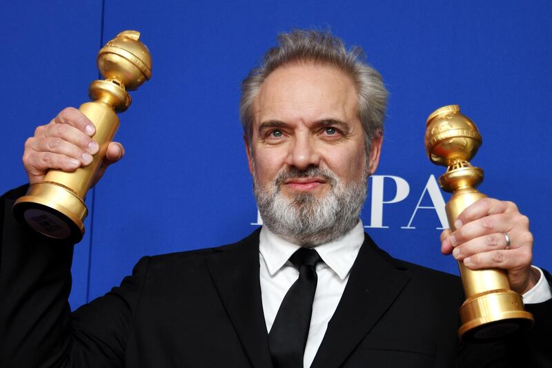 epa08107162 Sam Mendes holds the awards for Best Director - Motion Picture and Best Motion Picture - Drama for his movie '1917' in the press room during the 77th annual Golden Globe Awards ceremony at the Beverly Hilton Hotel, in Beverly Hills, California, USA, 05 January 2020.  EPA/CHRISTIAN MONTERROSA