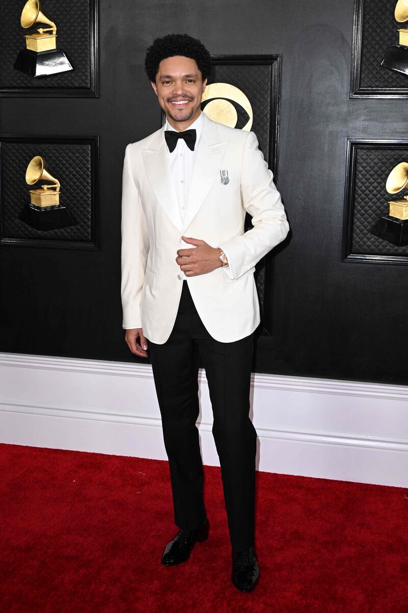 Host Trevor Noah opts for a classic white tux. AFP