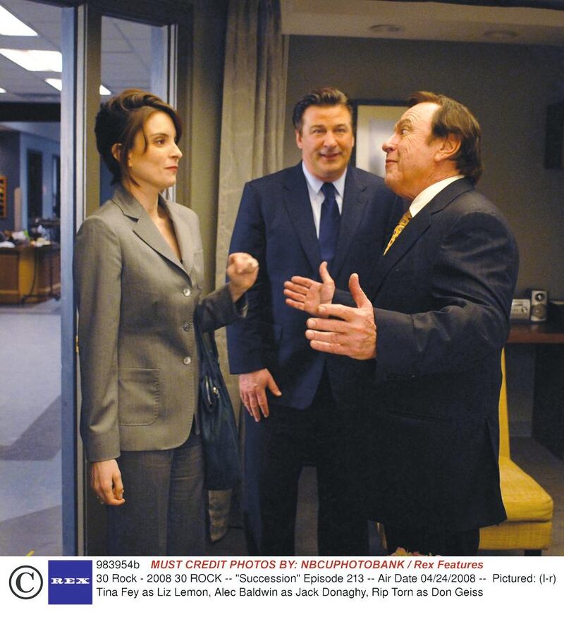Mandatory Credit: Photo by NBCUPHOTOBANK / Rex Features ( 983954b )
30 ROCK -- "Succession" Episode 213 -- Air Date 04/24/2008 --  Pictured: (l-r) Tina Fey as Liz Lemon, Alec Baldwin as Jack Donaghy, Rip Torn as Don Geiss
30 Rock - 2008

