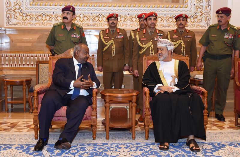 Oman's newly sworn-in Sultan Haitham bin Tariq (R) receiving Djibouti's President Ismail Omar Guelleh in the capital Muscat.  AFP