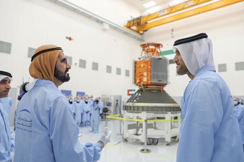 DUBAI, 3rd February, 2018 (WAM) -- Vice President and Prime Minister of the UAE and Ruler of Dubai His Highness Sheikh Mohammed bin Rashid Al Maktoum visited the Mohammed bin Rashid Space Centre (MBRSC) to inspect the progress of the KhalifaSat project. KhalifaSat is the first satellite to be fully built by Emirati engineers, an achievement that highlights the UAE’s growing expertise in satellite technology. The satellite is set to be launched later this year, following a series of rigorous tests. Wam