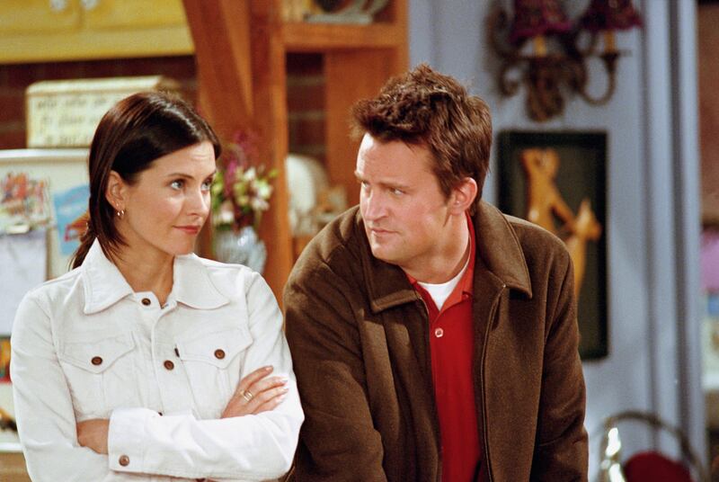 FRIENDS -- "The One with the Truth About London" Episode 16 -- Aired 2/22/2001 -- Pictured: (l-r) Courteney Cox as Monica Geller, Matthew Perry as Chandler Bing  (Photo by NBC/NBCU Photo Bank via Getty Images)