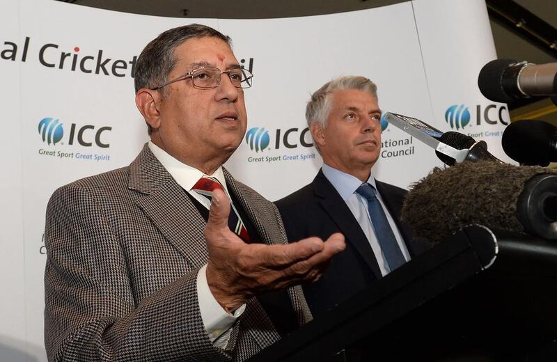 N Srinivasan, left, and David Richardson of the ICC will not heed UAE coach Aaqib Javed’s suggestion of introducing a promotion-relegation system. Mal Fairclough / AFP