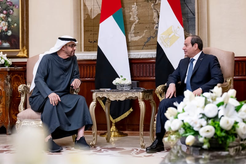 President Sheikh Mohamed meets Abdel Fattah El Sisi, President of Egypt, in Cairo. Photo: Abdulla Al Neyadi / UAE Presidential Court 