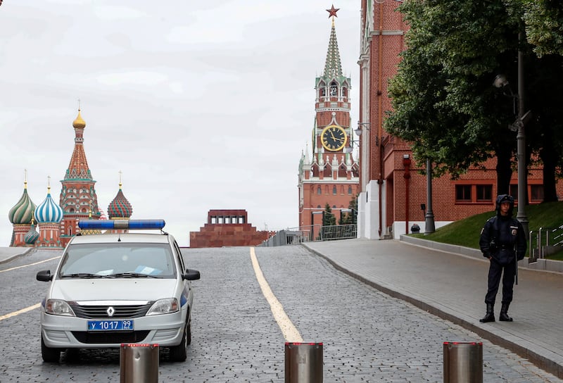 A Russian police patrol on guard at Kremlin in Moscow. EPA