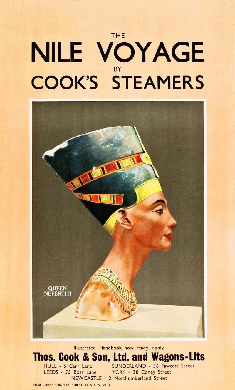 Poster (produced by the Thomas Cook & Son and Wagons-Lits travel agencies) promotes travel along the Nile River, accompanied by an image of a bust of Queen Nefertiti, 1930. (Photo by Buyenlarge/Getty Images)