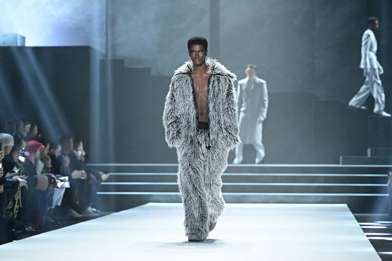 A grey monochrome look at Dolce & Gabbana autumn/winter 2023-2024 men's show. AFP