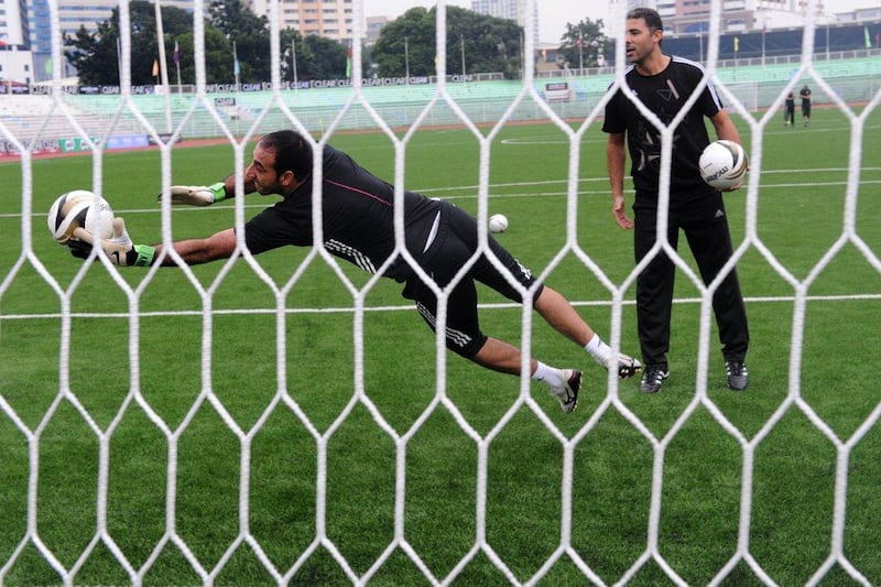 Palestine goalkeeper Ramzi Saleh shown during a national team training session on September 4, 2014. Palestine have qualified for the 2015 Asian Cup in Australia. Jay Directo / AFP