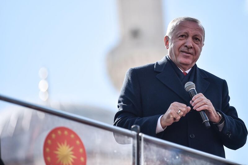 Turkish President Recep Tayyip Erdogan speaks on March 29, 2019 during an election rally at Maltepe district in Istanbul. The Turkish president is campaigning for votes for his Justice and Development Party (AKP) ahead of municipal elections on March 31.  / AFP / Ozan KOSE
