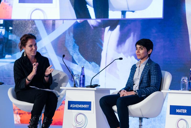 Arwa Damon, senior international correspondent for CNN, left, with Mishaal Ashemimry, founder of Mishaal Aerospace in Saudi Arabia, during the MiSK-UNDP youth forum in New York City on September 15, 2017. Courtesy MiSK Foundation