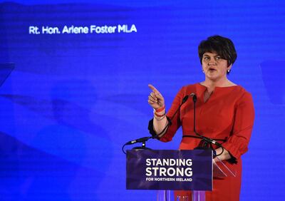 BELFAST, NORTHERN IRELAND - NOVEMBER 25: Democratic Unionist Party leader Arlene Foster gives her leader's speech during the annual DUP party conference at La Mon House on November 25, 2017 in Belfast, Northern Ireland. The party conference is the first since the general election which saw the DUP becoming political kingmakers to the Conservative party's minority government. The conference also takes place in the shadow of a political vacuum at Stormont were there has been no government since the collapse of the Northern Ireland power sharing executive following the resignation of the late Martin McGuinness in January as Deputy First Minister. (Photo by Charles McQuillan/Getty Images)