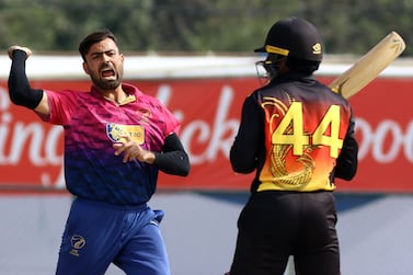 Hazrat Bilal of UAE celebrates wicket of Hiri Hiri of PNG (44) in the ICC Cricket World Cup League 2 match between United Arab Emirates (UAE) and Papua New Guinea (PNG) at the TU International Cricket Stadium, Kathmandu, Nepal on Wednesday, 15th March 2023.