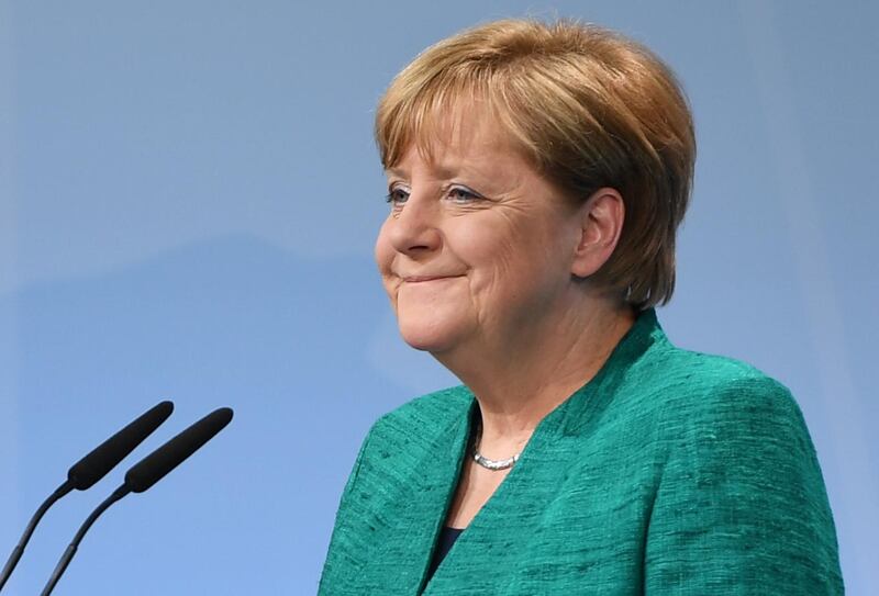 A smiling Angela Merkel at the final press conference on the second day of the G20 Summit in Hamburg, Germany, July 8, 2017. Patrik Stollarz / AFP