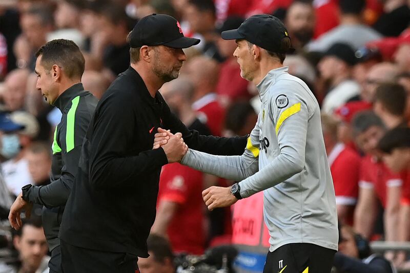 Liverpool manager Jurgen Klopp shakes hands with Chelsea's Thomas Tuchel. AFP