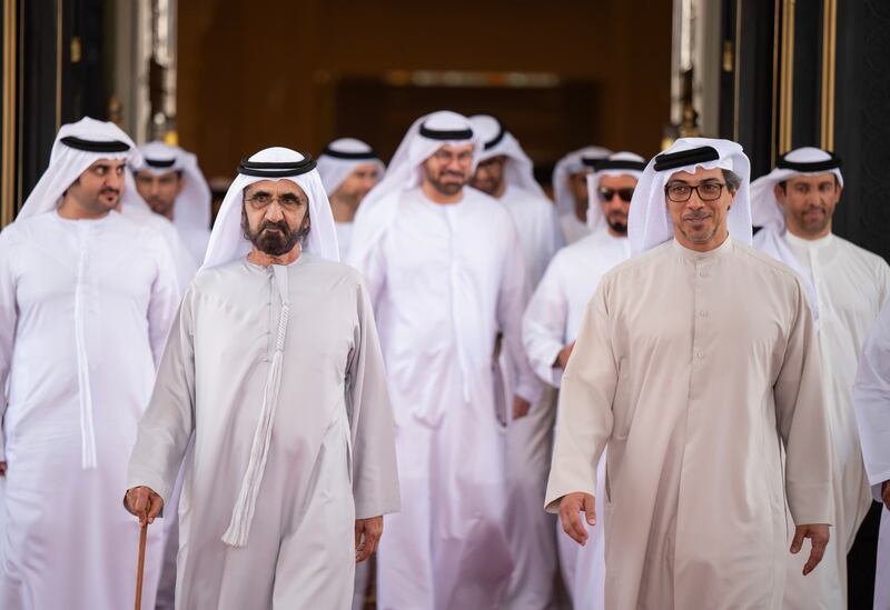 Sheikh Mohammed, Sheikh Mansour, Sheikh Saif and Sheikh Maktoum leaving Qasr Al Watan after the Cabinet meeting