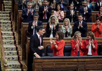 Prime Minister Pedro Sanchez is applauded after addressing parliament in Madrid on April 10 about Israel's "disproportionate response" that risks "destabilising the Middle East, and as a consequence, the entire world". AFP