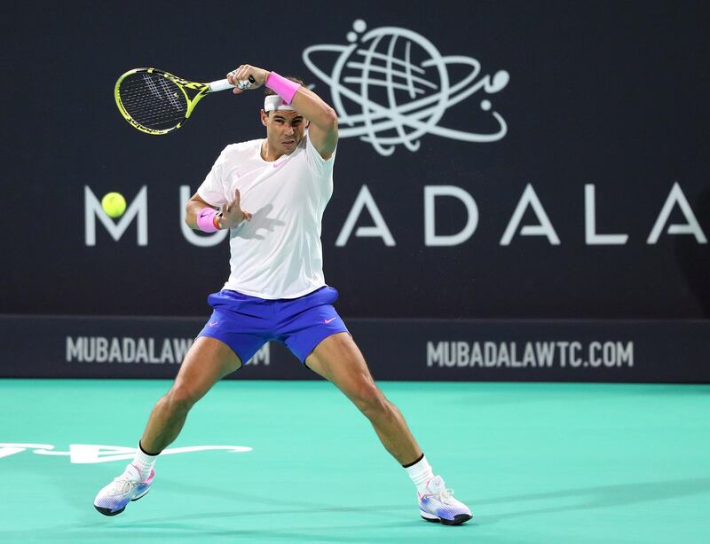 Abu Dhabi, United Arab Emirates - Reporter: Jon Turner: Rafael Nadal plays a shot during the final between Rafael Nadal v Stefanos Tsitsipas at the Mubadala World Tennis Championship. Saturday, December 21st, 2019. Zayed Sports City, Abu Dhabi. Chris Whiteoak / The National