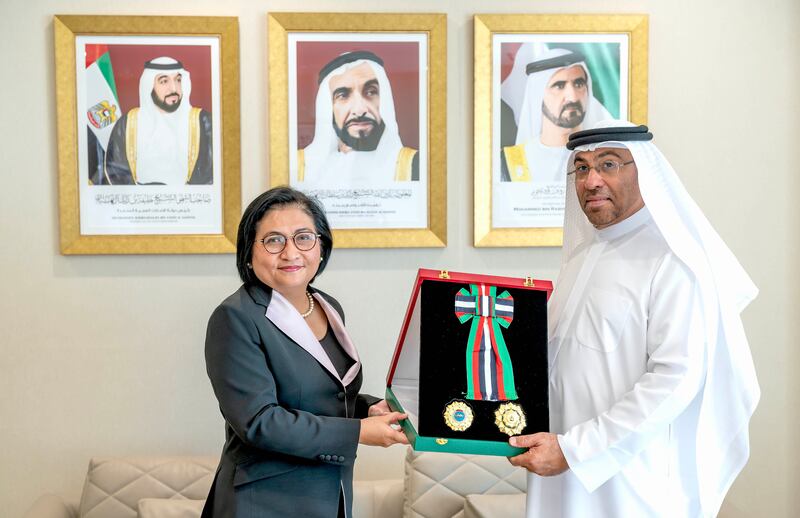 Ahmed Al Sayegh, Minister of State, presents the Medal of Independence of the First Order to Hjayceelyn M Quintana, ambassador of the Philippines to the UAE. Wam