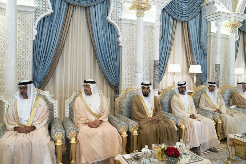 ABU DHABI, UNITED ARAB EMIRATES - November 12, 2018: (L-R) HH Sheikh Hamed bin Zayed Al Nahyan, Chairman of the Crown Prince Court of Abu Dhabi and Abu Dhabi Executive Council Member, HH Sheikh Abdullah bin Zayed Al Nahyan, UAE Minister of Foreign Affairs and International Cooperation, HH Sheikh Diab bin Tahnoon bin Mohamed Al Nahyan, HH Sheikh Khalifa bin Tahnoon bin Mohamed Al Nahyan, Director of the Martyrs' Families' Affairs Office of the Abu Dhabi Crown Prince Court and HE Ahmed Juma Al Zaabi, UAE Deputy Minister of Presidential Affairs, attend a meeting with HE Dr Barham Salih, President of Iraq (not shown), at the Presidential Palace.

( Mohamed Al Hammadi / Ministry of Presidential Affairs )
---