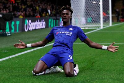 Soccer Football - Premier League - Watford v Chelsea - Vicarage Road, Watford, Britain - November 2, 2019  Chelsea's Tammy Abraham celebrates scoring their first goal          Action Images via Reuters/Andrew Boyers  EDITORIAL USE ONLY. No use with unauthorized audio, video, data, fixture lists, club/league logos or "live" services. Online in-match use limited to 75 images, no video emulation. No use in betting, games or single club/league/player publications.  Please contact your account representative for further details.