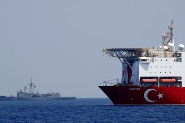 File photo: The Turkish drilling vessel Yavuz is seen being escorted by a Turkish Navy frigate in the eastern Mediterranean off Cyprus, August 6, 2019 Reuters