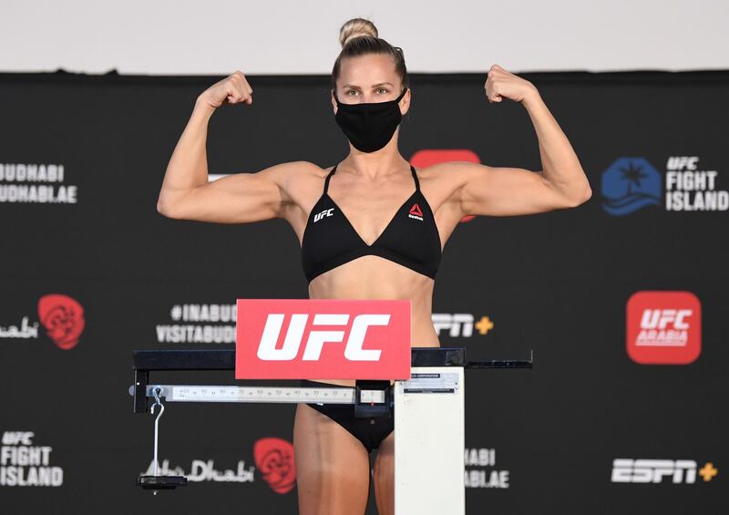 ABU DHABI, UNITED ARAB EMIRATES - OCTOBER 16: Katlyn Chookagian poses on the scale during the UFC Fight Night weigh-in on October 16, 2020 on UFC Fight Island, Abu Dhabi, United Arab Emirates. (Photo by Josh Hedges/Zuffa LLC)