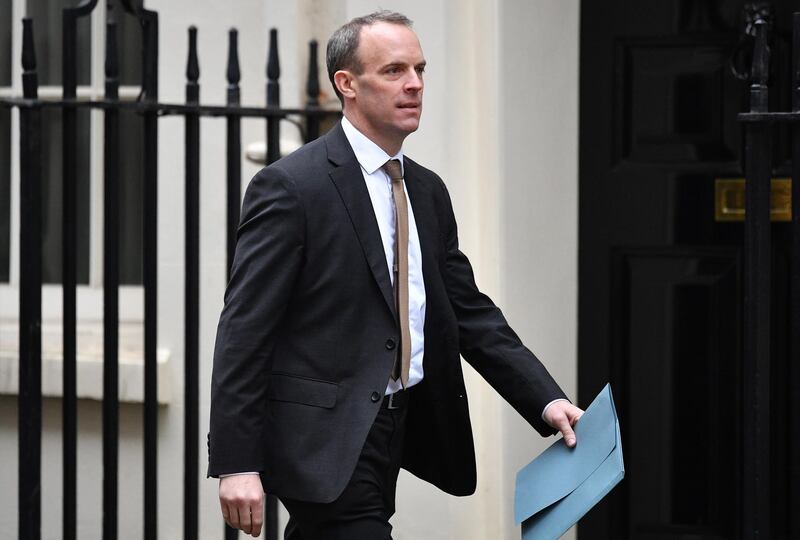 LONDON, ENGLAND - JANUARY 23:  Foreign Secretary Dominic Raab arrives in at Downing Street on January 23, 2020 in London, England. (Photo by Leon Neal/Getty Images)