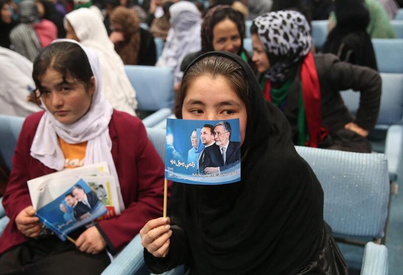 Afghan women attend a presidential election campaign event for candidate Zalmai Rasool, in Kabul, Afghanistan on Monday, February 3, 2014. Campaigning has officially opened in Afghanistan's presidential election with eleven candidates vying to succeed President Hamid Karzai in the April 5 voting. Massoud Hossaini/AP Photo