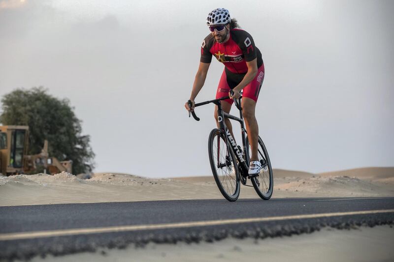 DUBAI UNITED ARAB EMIRATES. 24 NOVEMBER 2020. Omar Nour of Ventum bicycles, at the Al Qudra track, a region-made super fast bicycles. (Photo: Antonie Robertson/The National) Journalist: Nick Webster. Section: National.
